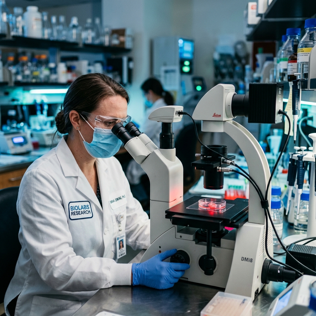 Scientist looking through microscope in laboratory